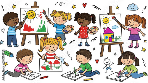 Children Painting on Paper Sheets.