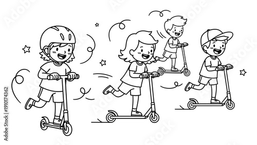 Children Riding Scooters Outdoors.