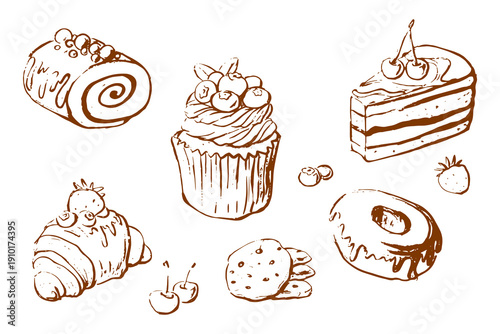 Hand-drawn set of cookies, donuts, and cakes, bakery shop sketch. Drawing of food elements, baked goods for badges, cafe design menus, labels, and packaging, whimsical illustrations. Vector