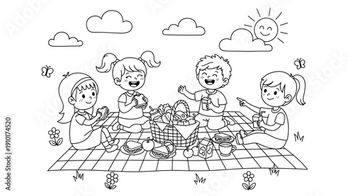 Children on picnic with blanket.
