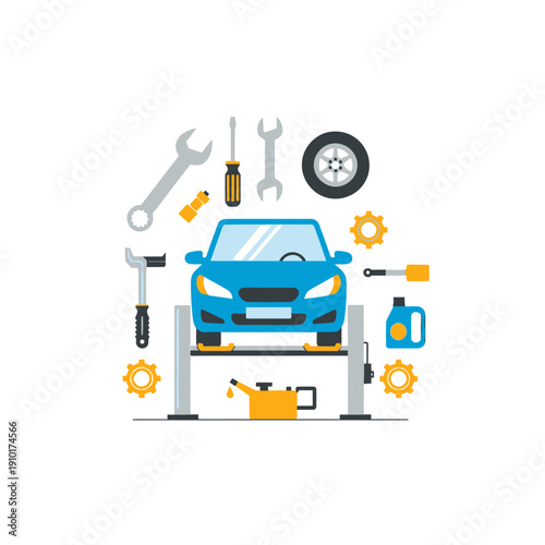 Car Repair Service Flat Icon Set with Blue Vehicle on Lift and Tools