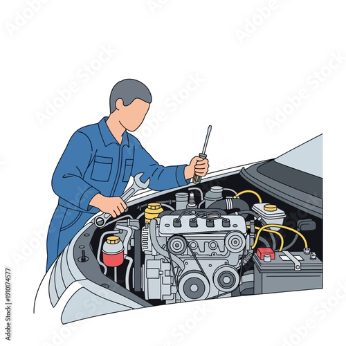 Mechanic Working on Car Engine, Automotive Repair Service, Vehicle Maintenance
