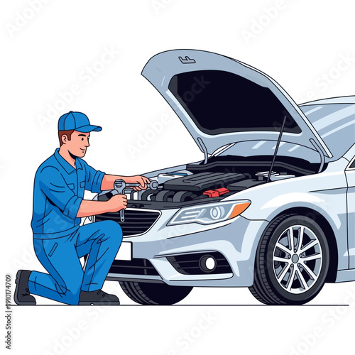 Mechanic working on car engine with open hood, auto repair service, illustration