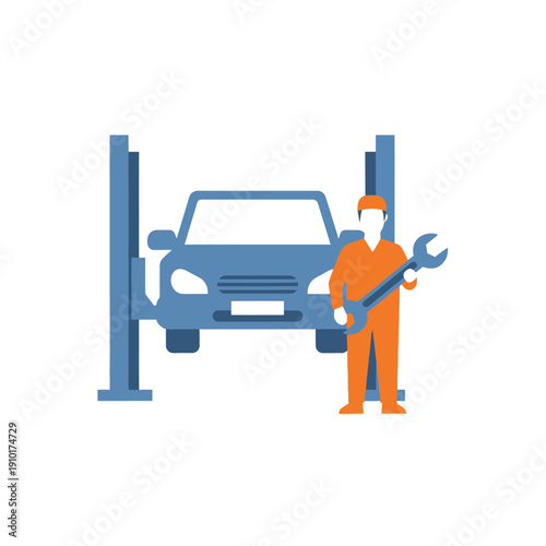 Car Mechanic Working on Vehicle Lift with Wrench Icon