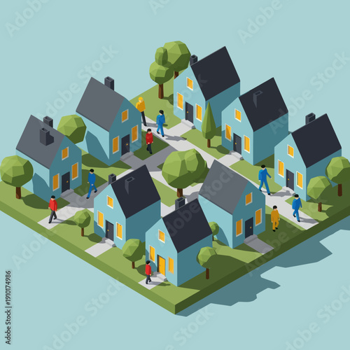 Isometric Houses with People and Trees.