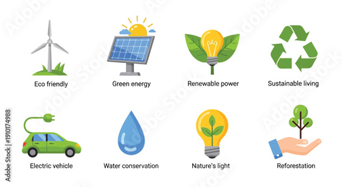 Icons representing renewable energy sources and environmental sustainability concepts
