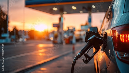 Car refueling at sunset, nozzle in gas tank, warm glow