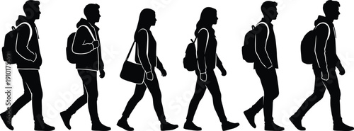 Vector, silhouettes, of, diverse, group, of, students, walking, together, with, backpacks, for, school, education, college, and, youth, lifestyle, concept