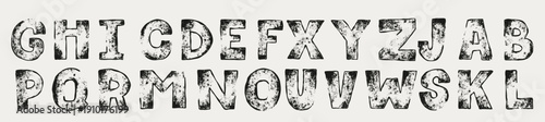 Grunge texture alphabet letters font. Vintage scrapbook Rough Ink letterpress. Typewritten stamp