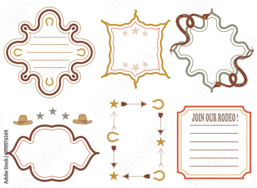 Wild West Cowboy Frames and Borders Set with Horseshoe Star and Arrow Elements for Rodeo Party Invitation