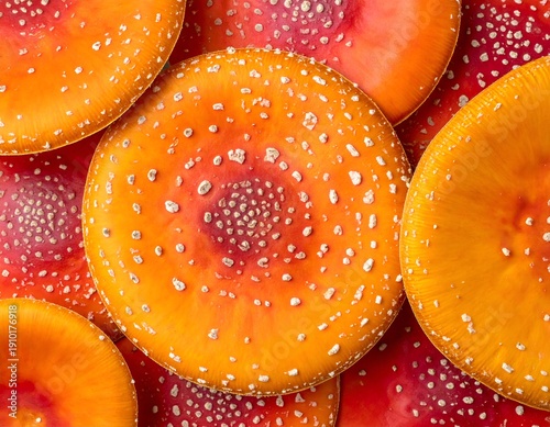 Vivid red and orange caps, speckled with white dots
