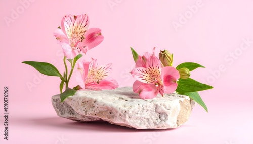 Pink blossoms on stone against soft pink background