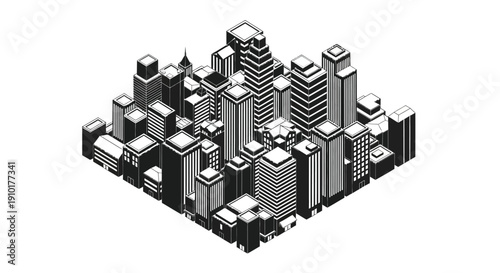 Isometric illustration of a dense monochromatic city skyline