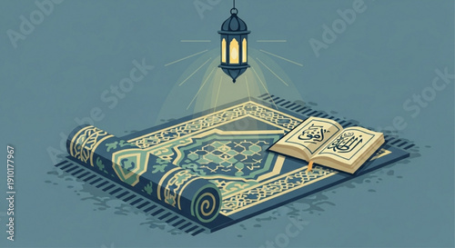 Islamic Prayer Rug with Holy Quran and Lantern
