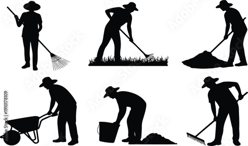 Farmer and Gardener Silhouette Vector Set with Agricultural Tools