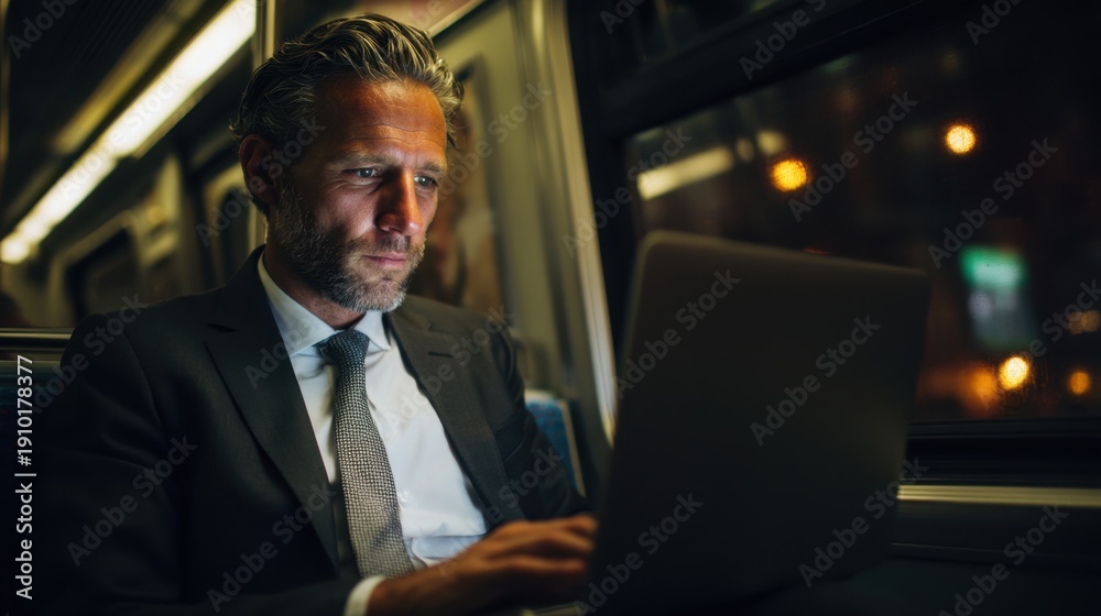 Fototapeta premium Man in a suit is using a laptop on a train. He is focused on the screen and he is working. Concept of productivity and concentration