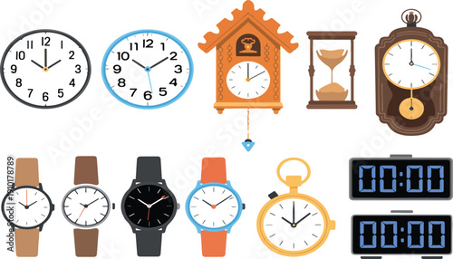 Clock and Watch Vector Set – Wall Clocks, Wristwatches, and Hourglasses