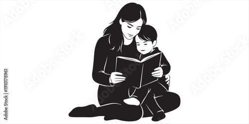 Mother reading a book to her child on the bed.