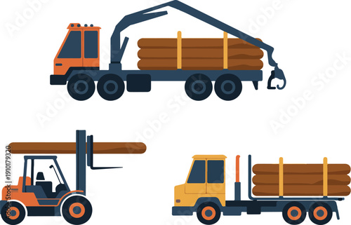 Logging and Timber Transport Vector Set – Forestry Machinery and Trucks