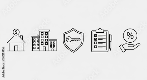 Real Estate Icons Representing Home Ownership and Investment.