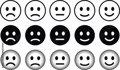 Emoji face icon set showing happy, neutral, and sad expressions in outline and solid styles. Emotional reaction symbols for apps, feedback, or UI design. Minimal emoticon collection isolated.