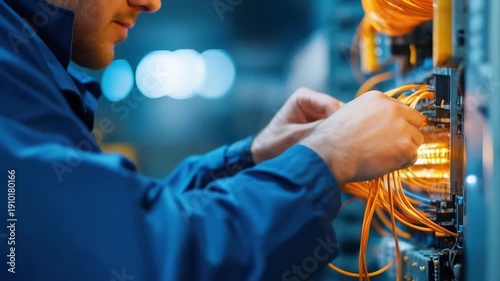 Technician in Blue Uniform Works on Network Server with Orange Cables in Data Center Precision and Technology in Server Room Connection Focus