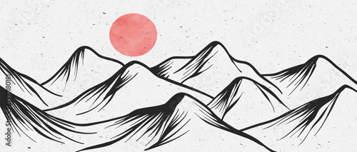 Minimalist Mountain range line art illustration. mountains landscape engraving with sunset. use for print art, poster, cover, banner