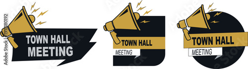 Public Town Hall Meeting Notice Labels with Loudspeaker, Community Discussion Event Banners, Important Announcement Graphic for Web and Social Media, Vector Illustration