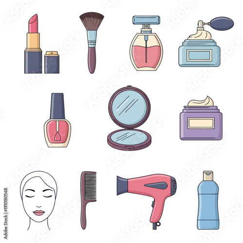 Collection of flat design beauty and cosmetic product icons