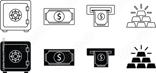 Set of vector silhouette design icons with money and safe symbols bundle of financial security illustrations