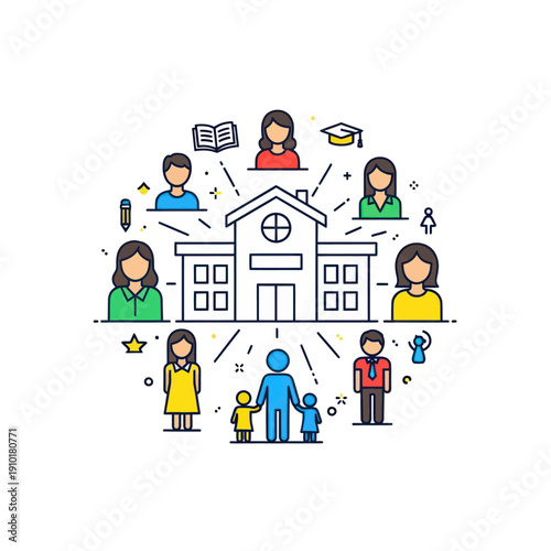 Community school building surrounded by diverse people and educational symbols