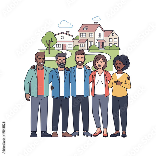 Diverse group of people standing in a friendly neighborhood