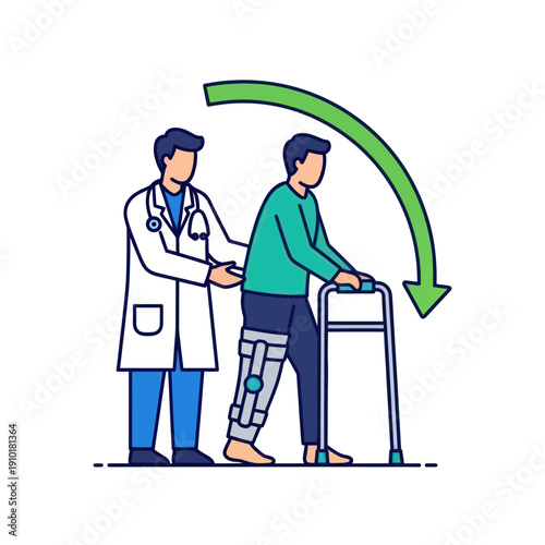 Doctor assists patient walking with leg brace and walker