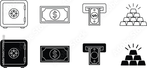Set of vector silhouette design elements with money and gold bundle of financial icons