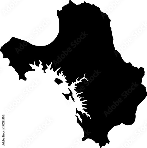 Black silhouette map of a lake or sea with coastline and bays on white background geographic illustration