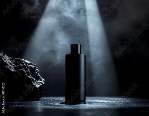 botol parfum hitam dengan background siluet cahaya