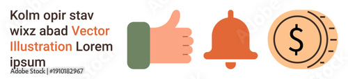 Feedback systems, notifications, finance, communication, user interaction, alerts. Thumbs up, bell icon and dollar coin. Feedback systems and notifications concept