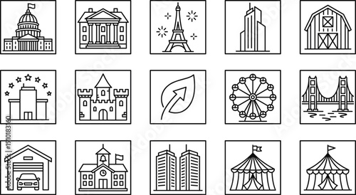 Linear vector icon set of global landmarks featuring world travel destinations like Eiffel Tower Golden Gate Bridge castles skyscrapers government buildings and circus tents