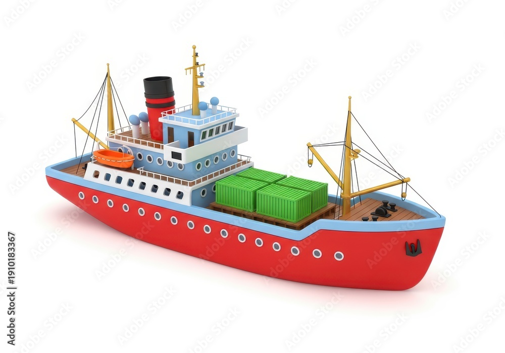 Fototapeta premium Stylized cartoon cargo vessel carrying freight containers floats on a white background