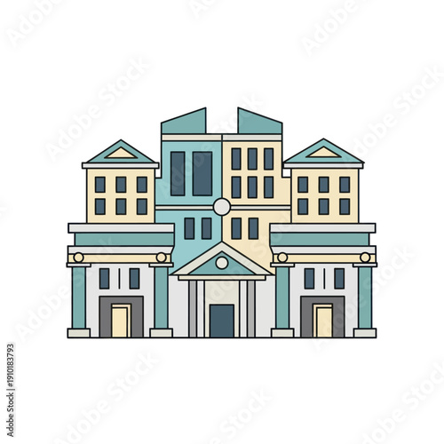 Flat design illustration of diverse city buildings architecture