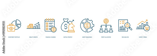 Modern Investment Portfolio Strategy Banner Illustration Covering Investment Portfolio, Wealth Growth, Financial Planning, Capital Strategy, Asset Management, Profit Allocation, Risk Analysis 
