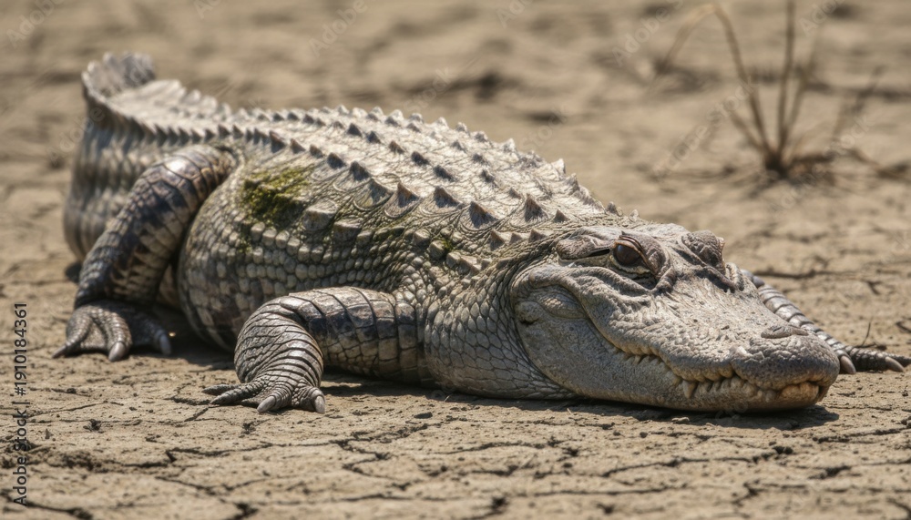 Fototapeta premium Ancient-looking Chinese Alligator Basking in the Sun, Image from 20260210