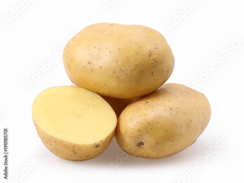 Close-up, young potatoes and half isolated on a white background, clipping path, organic