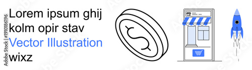 E-commerce, fintech, startups, online shopping, technology business, financial growth. Coin with a dollar sign, storefront and rocket. E-commerce and fintech innovation