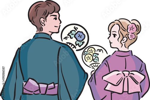 Couple in Yukata Enjoying Japanese Summer Festival. Back View Illustration of Man and Woman