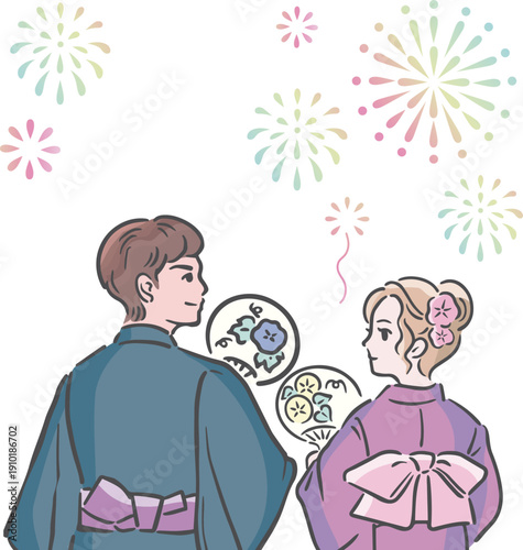 Couple in Yukata Enjoying Japanese Summer Festival. Back View Illustration of Man and Woman