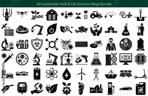 60 Sustainable Tech & Life Sciences Icon Bundle - Green Energy & Biotech