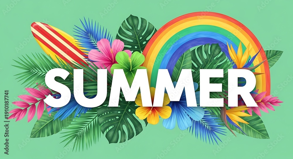 Obraz premium Vibrant summer graphic with rainbow and tropical leaves