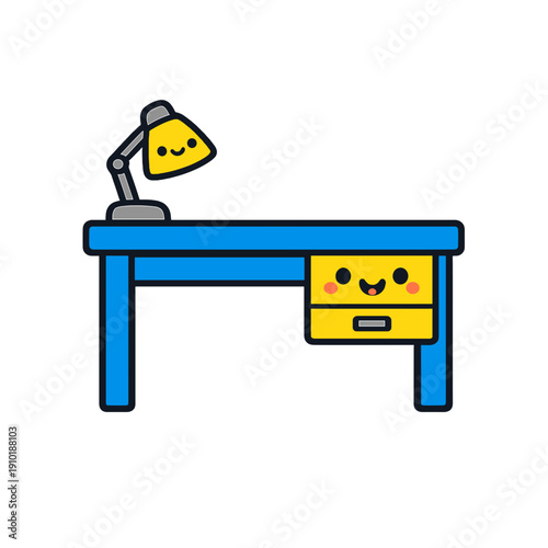 Cute smiling desk with lamp and drawer character