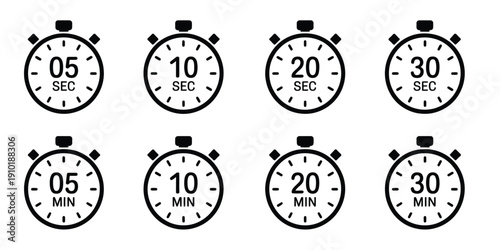 Timer stopwatch icons, countdown clock symbol with 5, 10, 20, 30 second and minute time, transparent PNG and vector illustration for top ranked time management visuals, workout trackers